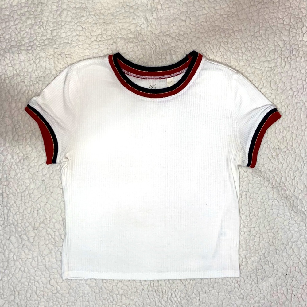 Pacsun White Cropped Ringer Tee with Red/Blue Striped Neckline (Size Medium)